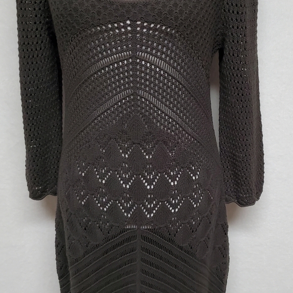 W by Worth Olive Green Open Crochet Knit Plunging Neckline Asymmetric Midi Dress - Picture 6 of 14